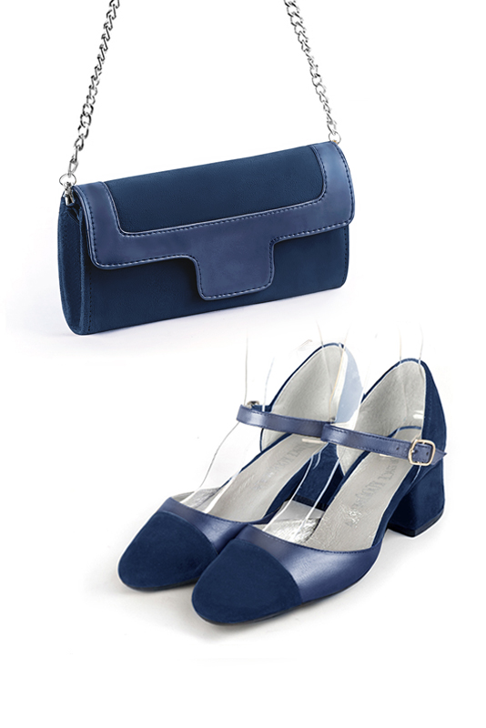 Women's navy blue and prussian blue luxurious elegant clutch for ceremonies, weddings and evenings out. - Worn view